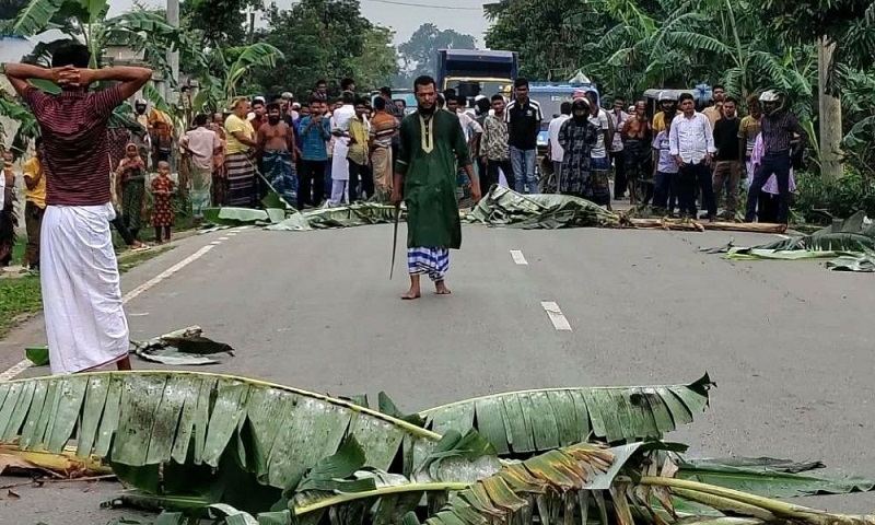 হাতে রামদা, সড়কে কলাগাছ ফেলে যুবকের তাণ্ডবে প্রায় তিন ঘণ্টা যানবাহন চলাচল বন্ধ 